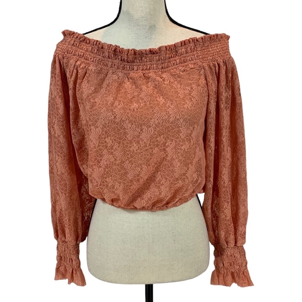 Free People Off Shoulder Long Sleeve Emily Lace Crop Top -Savannah Red - size XS